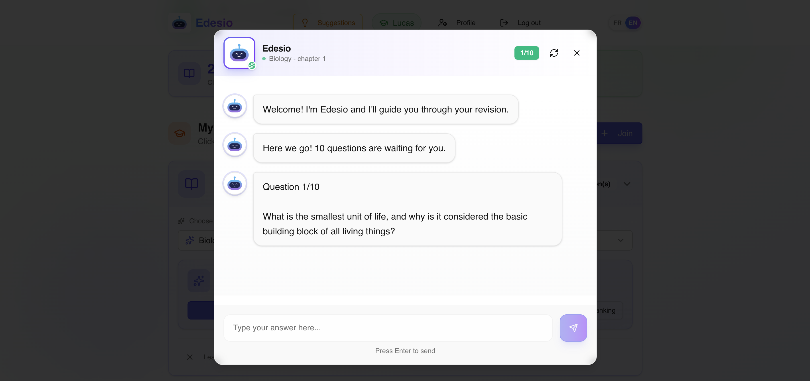 Edesio revision chatbot asking a biology question and receiving a student answer