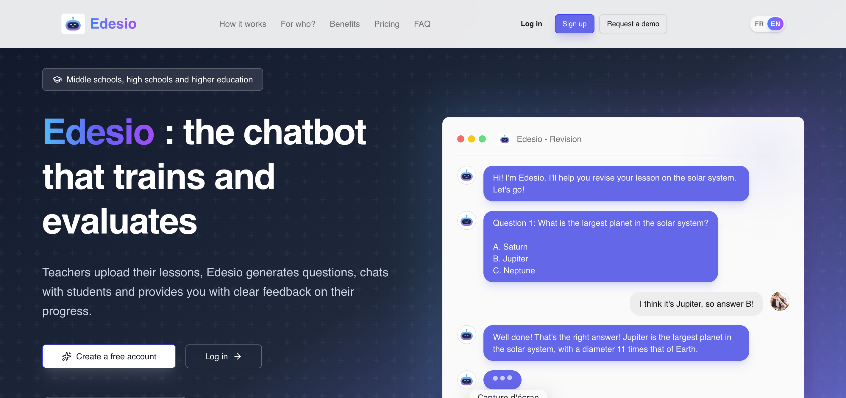 Edesio homepage showing the AI revision chatbot and lesson-based question flow
