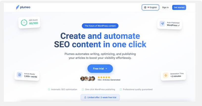 Plumeo product interface showing SEO scoring, article generation, and WordPress publishing