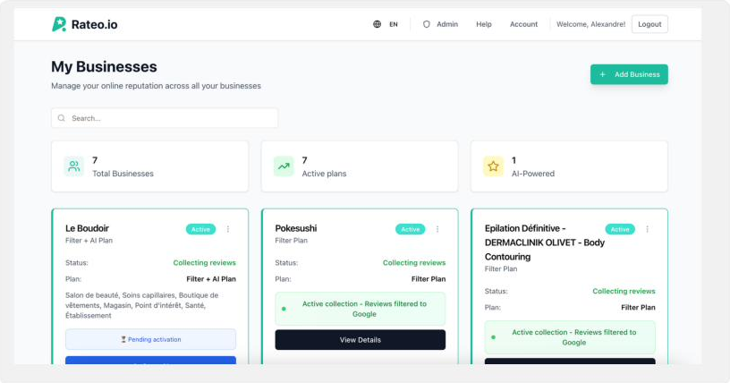 Rateo product interface showing the My Businesses view with business cards, review collection plans, and AI-powered status