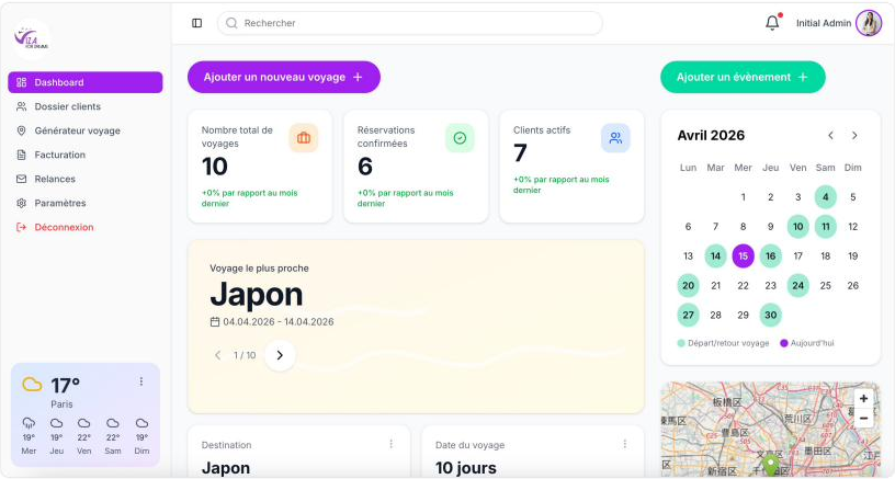 Viza for Dreams travel operations dashboard showing trips, reservations, active clients, a travel calendar, and a destination map